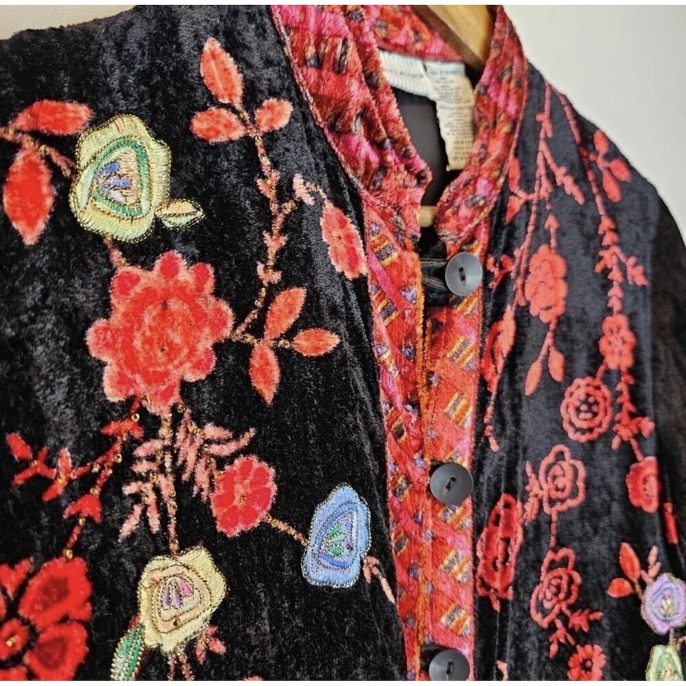 Women's Black Crushed Velvet Velour Embroidered Beaded Floral Boho Shacket Large - Picture 4 of 13
